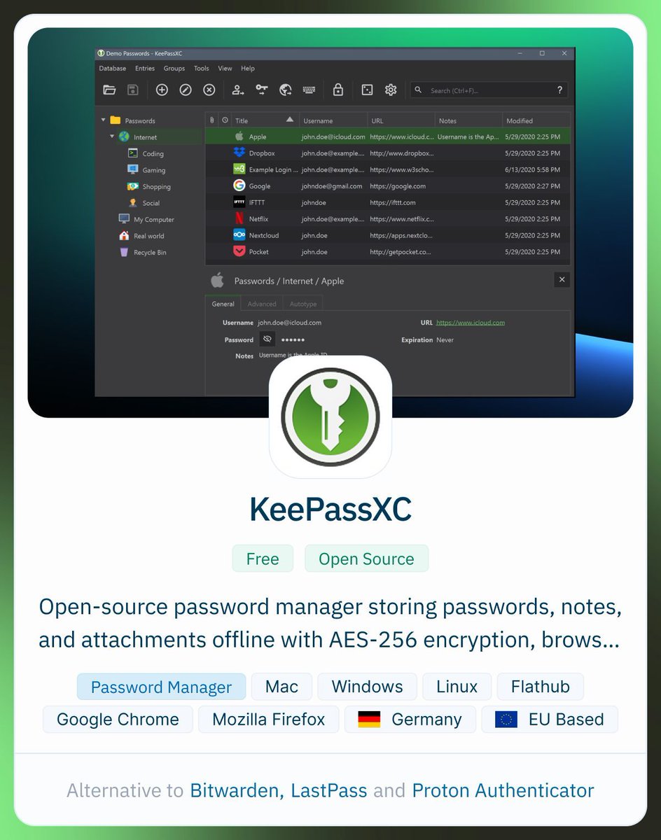 AlternativeTo's tweet image. Completely free and open-source password manager with AES-256 encryption, offline KDBX vaults, browser autofill, built-in TOTP, and zero ads or trackers. Available on Windows, macOS, Linux, and major browsers alternativeto.net/software/keepa… @KeePassXC