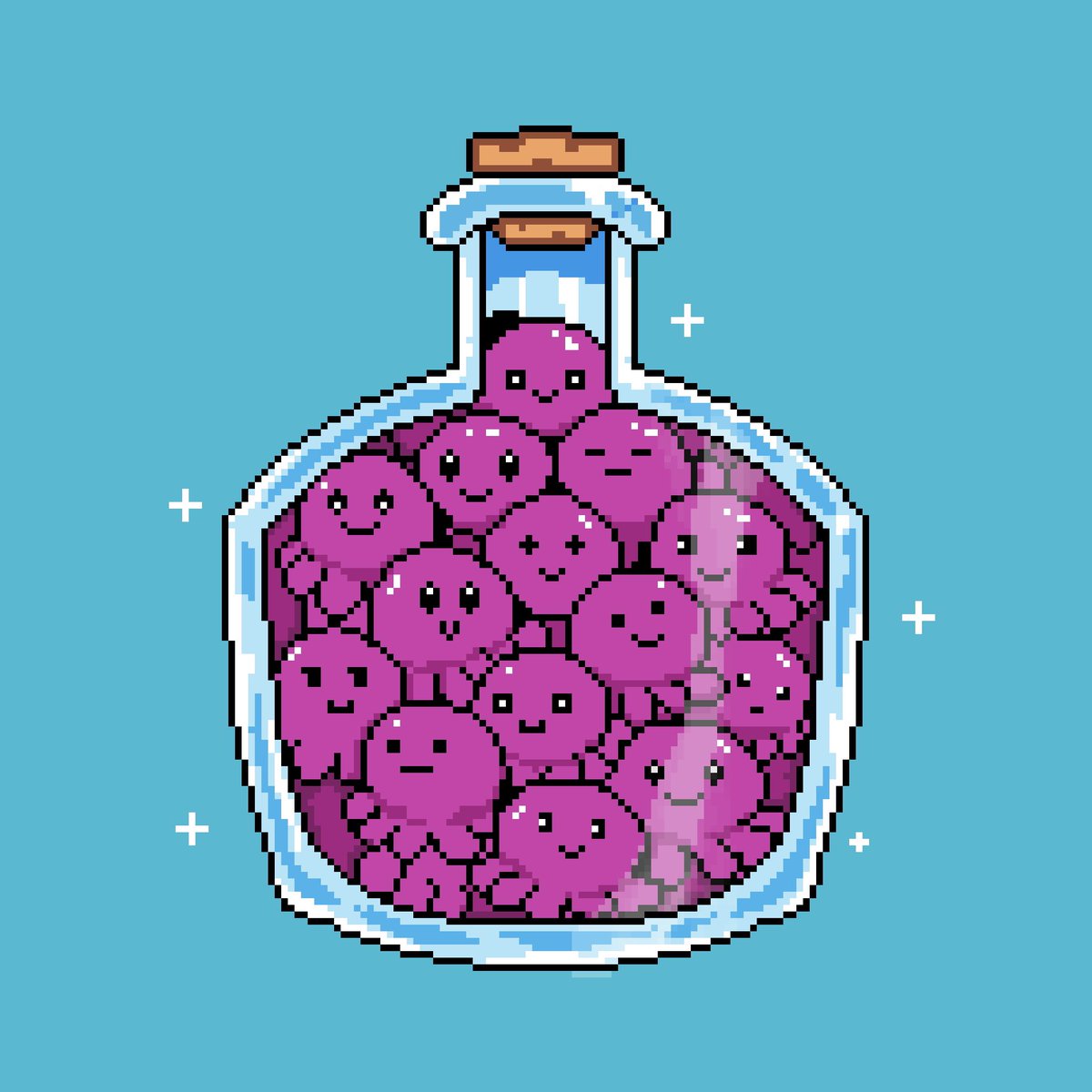 gRe everyone! just sharing my first pixel art of the year for <a href="/re/">Re</a>💜

A bottle full of tiny Redacted, each one with its own little personality 😁