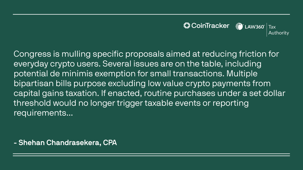 Crypto taxation is a key focus area for Congress in 2026 as lawmakers review  proposals aimed at reducing friction for everyday crypto investors and pay  greater attention to de minimis exemptions, wash