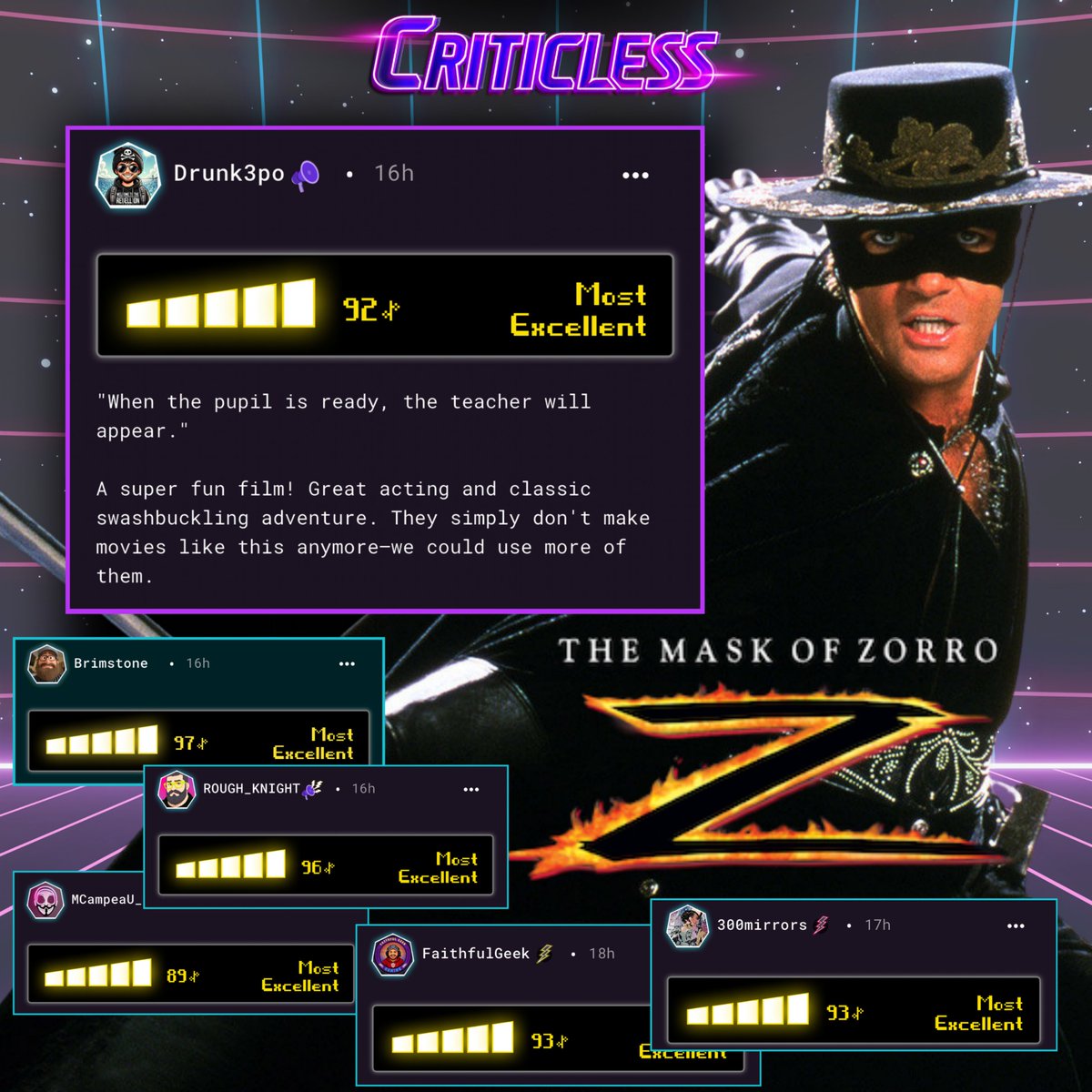 Criticless_inc's tweet image. The reviews have been rolling in for the 1998 film The Mask of Zorro, starring Antonio Banderas, Catherine Zeta-Jones, and Anthony Hopkins! The folks over on The Monday Hangover show, hosted by Drunk3po, discussed it last night! Looks like most of the reviews on Criticless are…