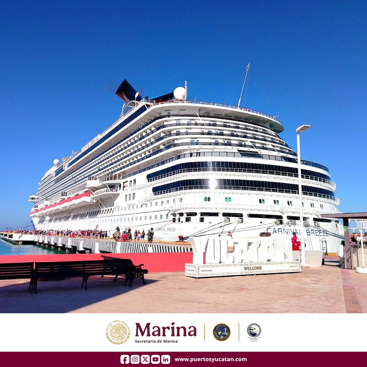 Recibimos hoy martes #Crucero en #PuertoProgreso con el arribo del Carnival Breeze a las 08:42 h, proveniente de Cozumel, Quintana Roo, con programación de zarpe a las 17:00 h con rumbo a Galveston, Texas.  Viajan a bordo 5,864 personas; 4,504 pasajeros y 1,360 tripulantes.