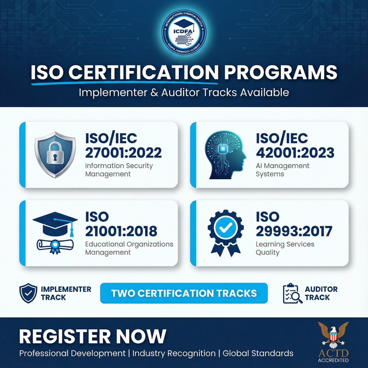 ICDFAcademy's tweet photo. REGISTRATION NOW OPEN - ISO CERTIFICATION PROGRAMS
The International Cybersecurity & Digital Forensics Academy (ICDFA) is pleased to announce the opening of registration for our comprehensive ISO Certification Programs.
#ICDFA #ISOCerts #ISO27001 #ISO42001 #ISO21001 #ISO29993 https://t.co/EB2utLdOq0