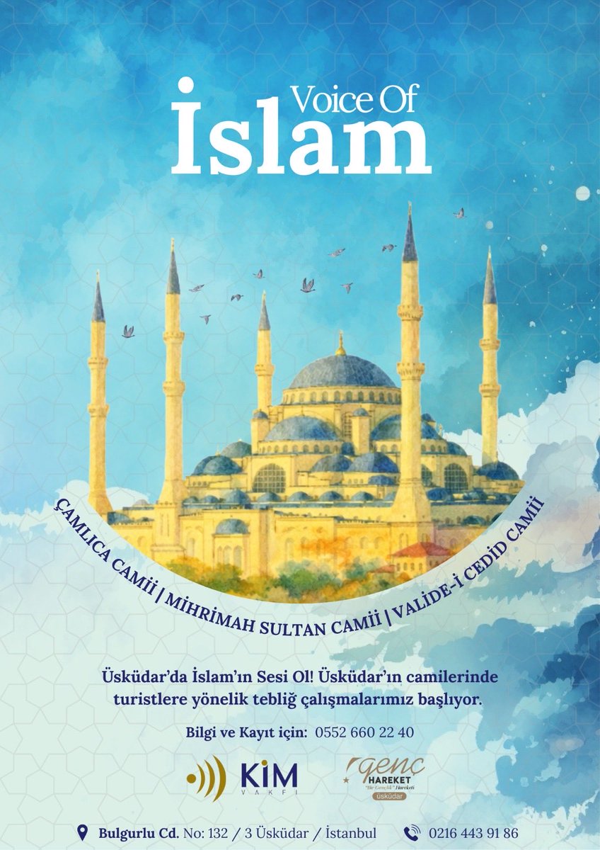 KİM Vakfı ile yapmış olduğumuz işbirliği neticesinde belirlenen camilerde turistlere yönelik tebliğ çalışmalarımıza başlayacağız. Üniversite, çalışan kız/erkek gönüllü kardeşlerimizi bekliyoruz. Eğitim süreçlerinden sonra camilerde gönüllülerimiz görev almaya başlayacaktır.