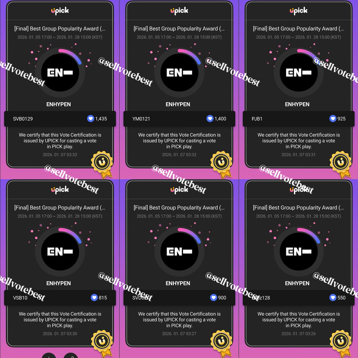 Proof [6,000💙] UPICK
RT deal for #ENHYPEN | D Awards - [Final] Best Group Popularity Award (Boy)
#SellvotebestProof #sellvotebestGA

📩 DM for available votes &amp; reservation
wts wtb selling kpop votes