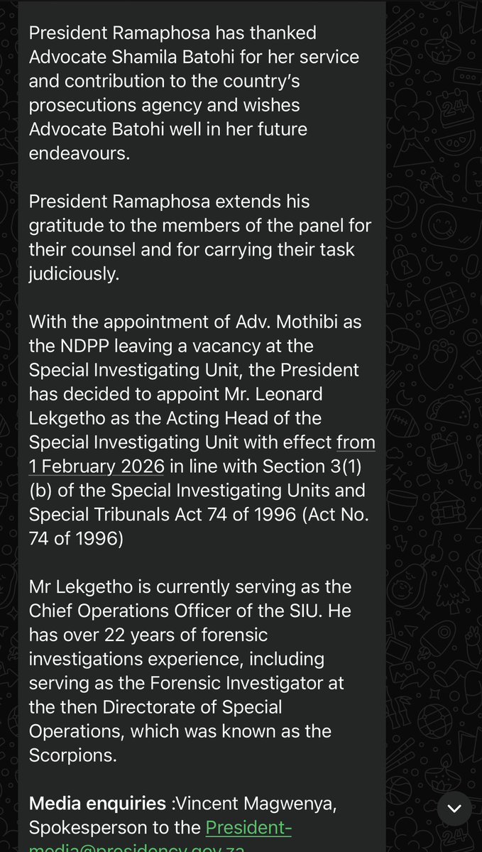 BREAKING NEWS: President Cyril Ramaphosa has appointed SIU head Adv Andy Mothibi as National Director of Public Prosecutions. 

Mothibi was not among the candidates interviewed. 

He was appointed to lead the SIU in 2016.

Leonard Lekgetho will act as SIU head

#NPA
#NDPP