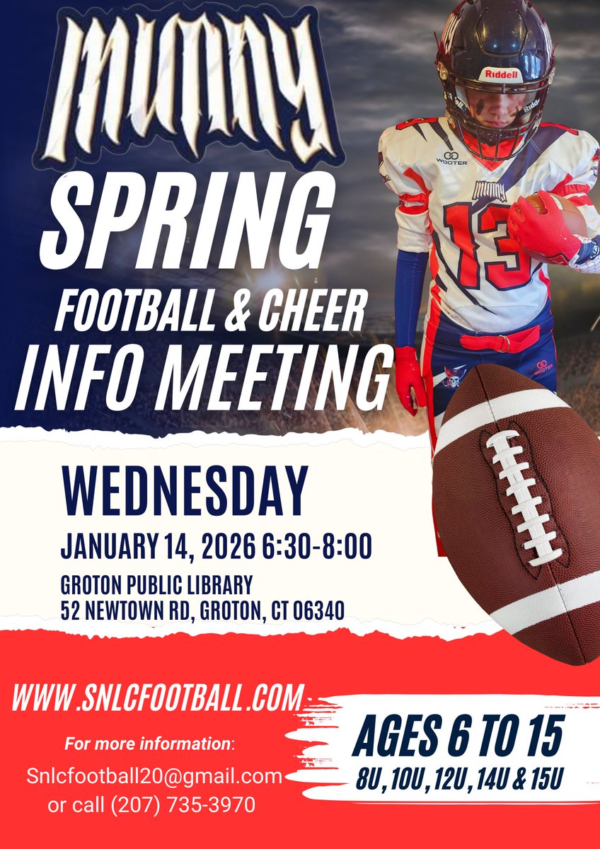 SNLCFootball's tweet image. Come learn about our spring youth tackle and cheer programs (ages 6 to 15). Proudly based in New London County, CT
#LetsStartAMutiny
#SNLCFootball