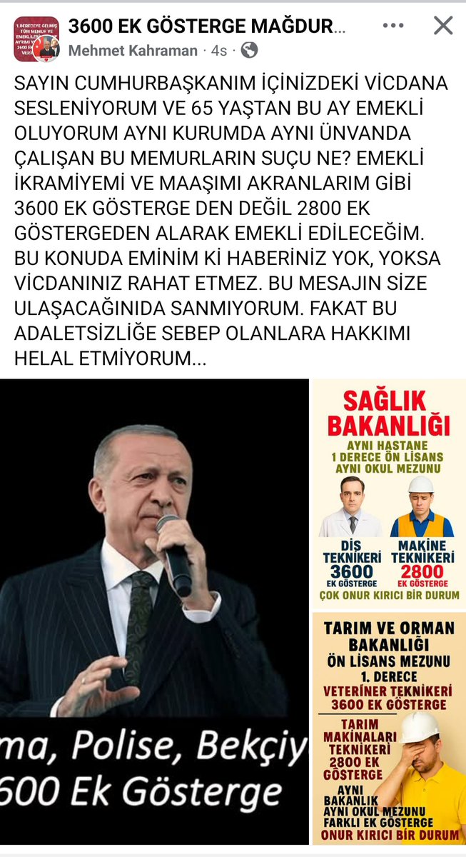 Sayın Cumhurbaşkanım <a href="/RTErdogan/">Recep Tayyip Erdoğan</a> benim #EmekliMemur maaşımı seçimlerde söz verdiğiniz gibi, 3600 Ek Gösterge ve #SeyyanenZam ile hesaplayıp ödeyin lütfen. #BirinciDereceye3600 
<a href="/_cevdetyilmaz/">Cevdet Yılmaz</a> <a href="/memetsimsek/">Mehmet Simsek</a> <a href="/isikhanvedat/">Prof. Dr. Vedat Işıkhan</a> <a href="/avabdullahguler/">Abdullah Güler</a> <a href="/abdulhamitgul/">Abdulhamit Gül</a> <a href="/AvOzlemZengin/">Av. Özlem Zengin 🇹🇷</a> <a href="/akbasogluemin/">Av. M.Emin AKBAŞOĞLU 🇹🇷</a>