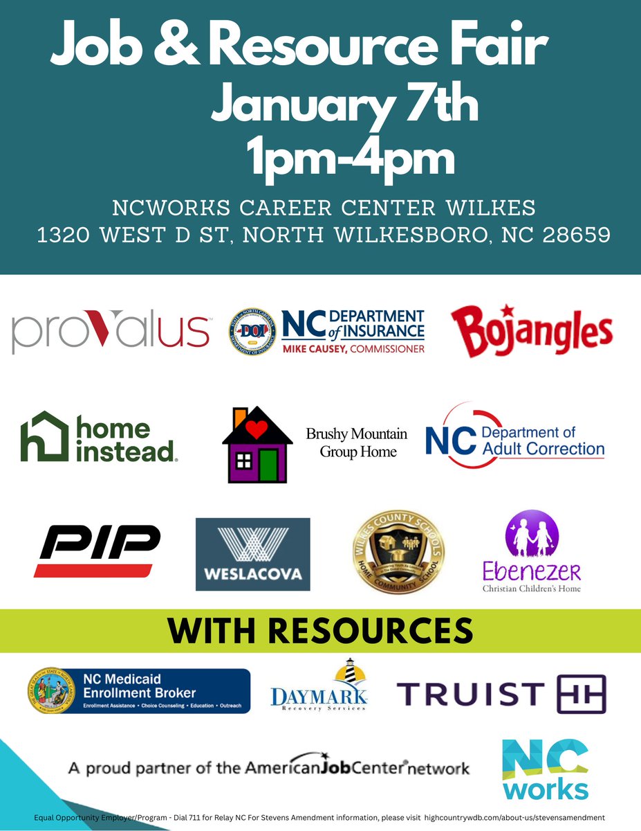 ncworkforce's tweet photo. The NCWorks Career Center of Wilkes County is hosting a job & resource fair tomorrow, January 7! Local employers and resource providers will be in attendance, including Wilkes County Schools and Daymark Recovery Services.
#jobfair #resourcefair https://t.co/J3NaotQXXh