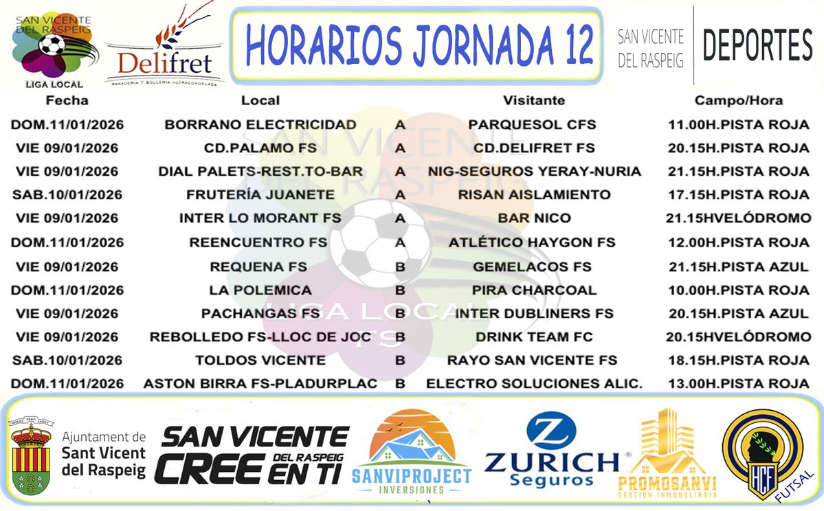 📅|🅷🅾🆁🅰🆁🅸🅾🆂
🏆𝐓𝐄𝐌𝐏𝐎𝐑𝐀𝐃𝐀 𝟐𝟎𝟐𝟓-𝟐𝟎𝟐𝟔

✅𝗡𝘂𝗲𝘃𝗮 𝗝𝗼𝗿𝗻𝗮𝗱𝗮!

⏰HORARIOS |Se acabó la Navidad y vuelve la competición!

✅Disponibles los horarios del próximo fin de semana #JORNADA12

➡️ Viernes 6️⃣ partidos, sábado2️⃣ y el domingo los otros 4️⃣