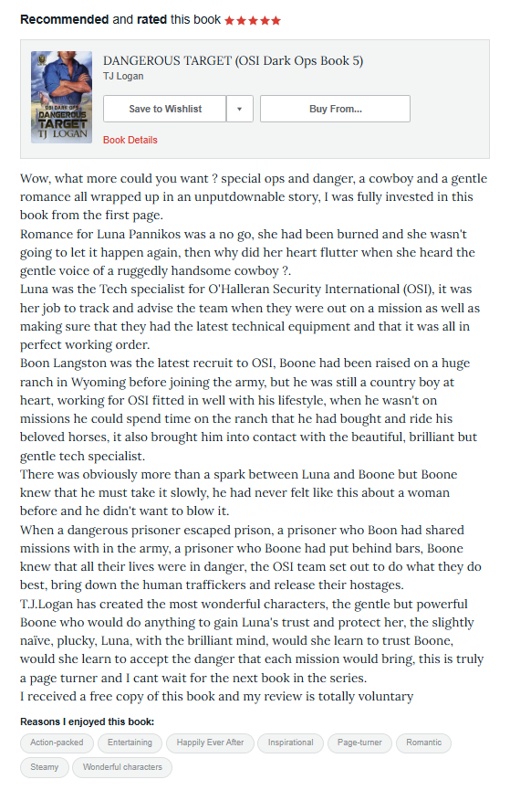 READERS ARE LOVING DANGEROUS TARGET!

Check out this amazing review...

Want to know more? You can pre-order your copy of the 5th book in the thrilling OSI Dark Ops romantic suspense series here: bit.ly/Dangerous-Targ…

#readerscommunity #RomanceReads #bookreviews