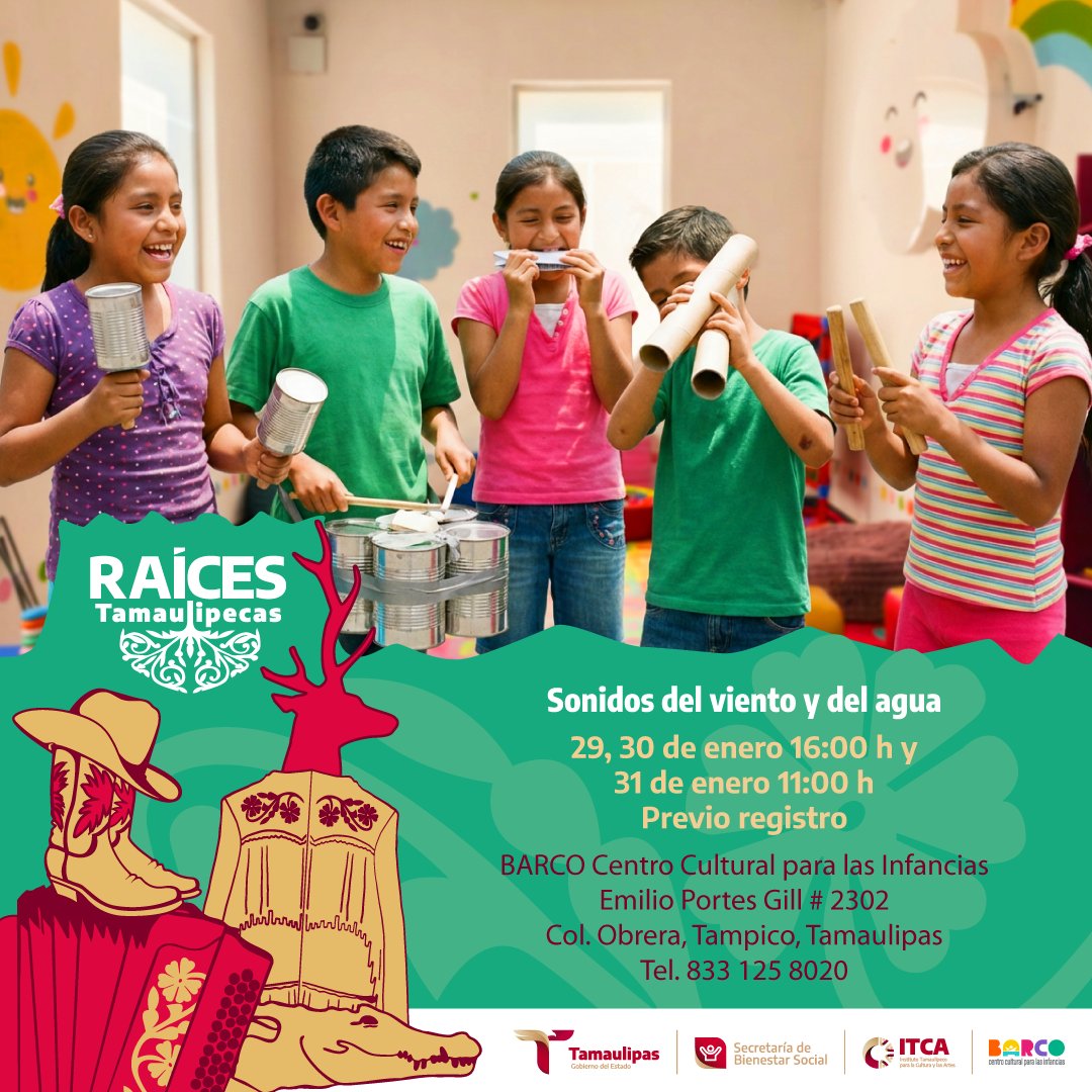 En enero celebramos las Raíces Tamaulipecas con talleres para que niñas y niños exploren su identidad, su entorno y su creatividad a través del arte, el juego y la imaginación. Regístrate y acude en familia a las actividades que preparamos para ti 🤩