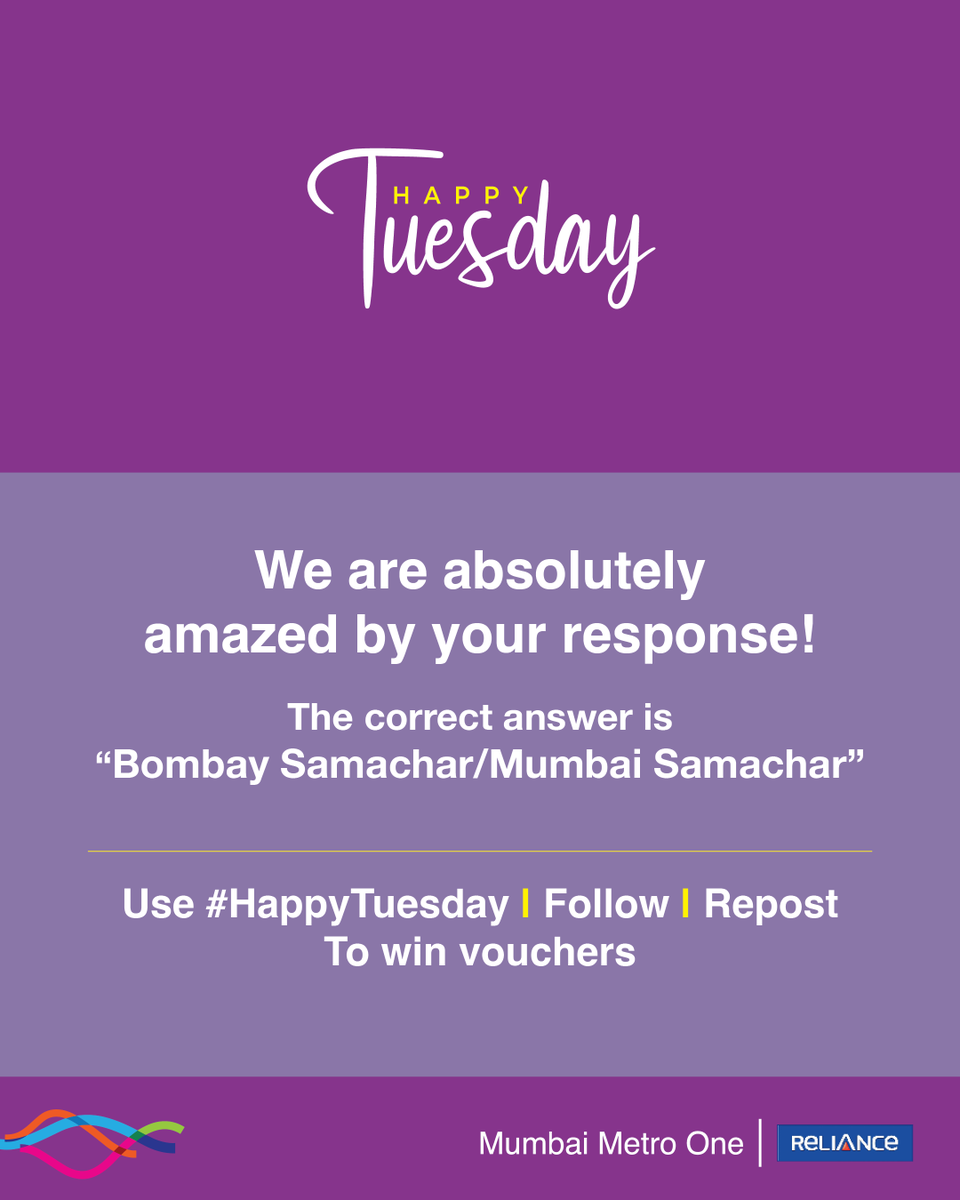 MumbaiMetro01's tweet photo. A huge thank you to all for participating. 

Prizes will be awarded to 50 winners, first 25 correct entries and additional 25 winners by draw.

Mention #HappyTuesday with your answer, follow us and repost to participate and win every Tuesday.

#Contestalert #winprizes #HappyTuesday #congratulations #mumbaimetro