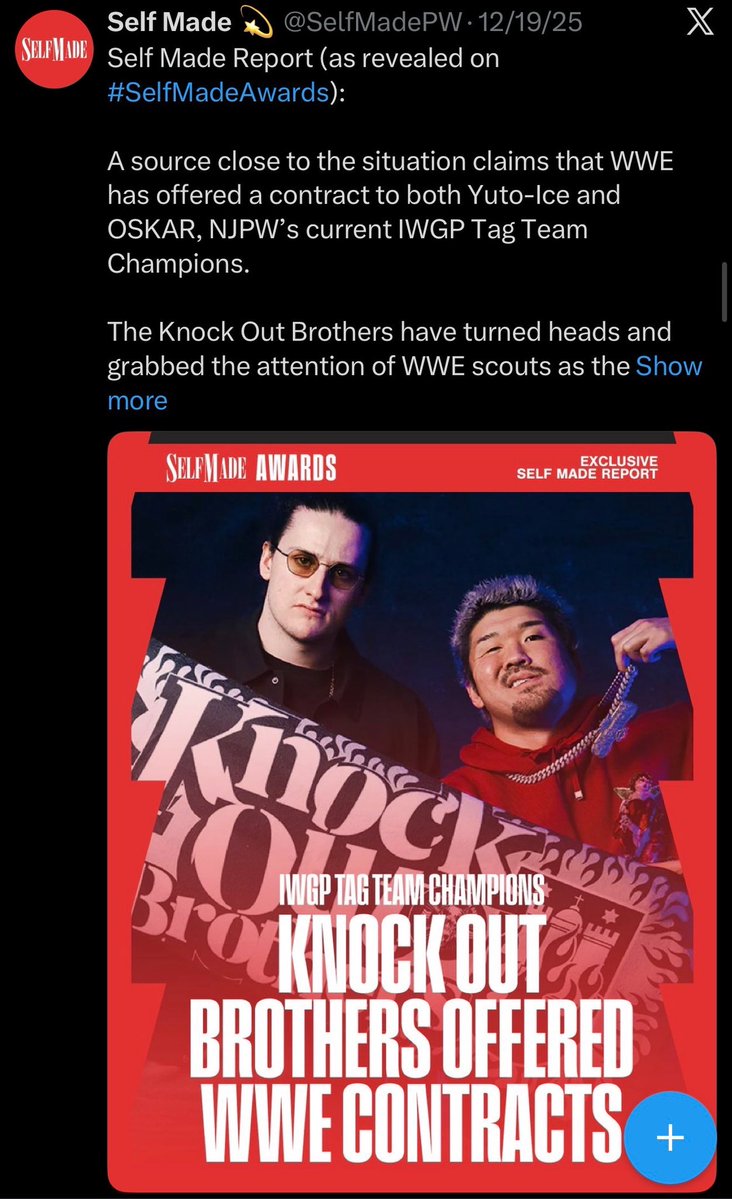 BackupHangman's tweet image. As originally reported by @SelfMadePW on 12/19/25, there was interest in the Knockout Brothers from WWE and they offered them contracts.