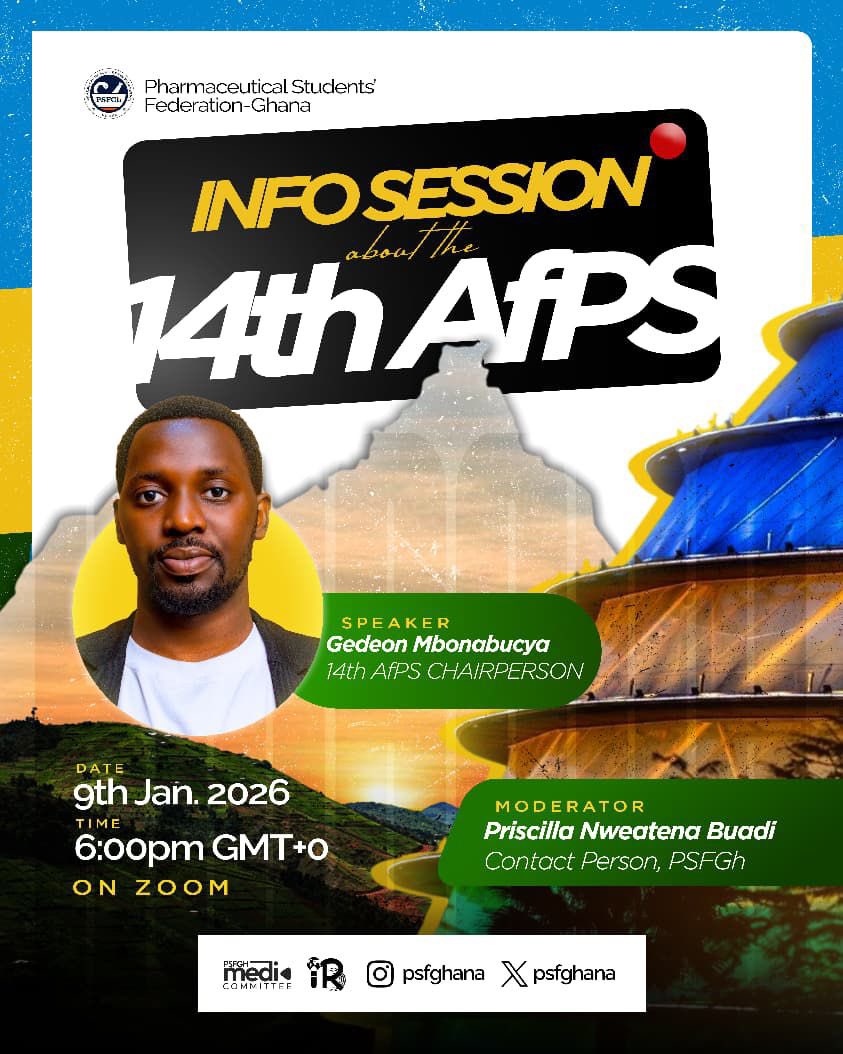 psfghana's tweet image. Are you ready for the 14th African Pharmaceutical Symposium (AfPS)? 🌍🇷🇼✨
Join the International Relations Office for an info session covering everything you need to know about this flagship IPSF-AfRO event.

Get answers on registration, the program and what to expect.
