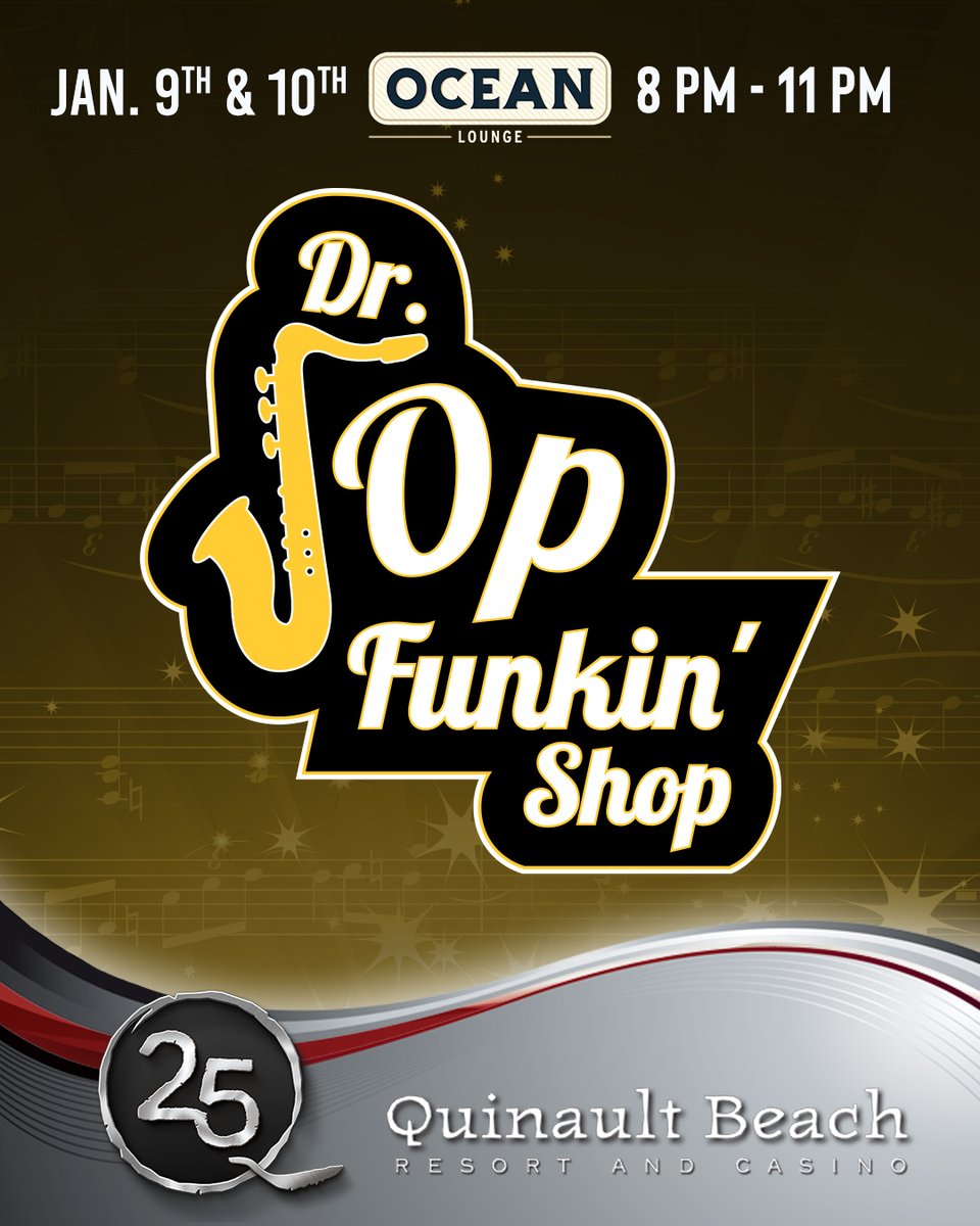 QBRC's tweet image. Join us for two nights with Dr. Jop Funkin’ Shop! From rock to funk, blues to jazz, R&amp;amp;B and even a touch of country, they do it all!

 - Ocean Lounge
 - JAN 9 &amp;amp; 10
 - 8PM – 11PM

For more info, visit: quinaultbeach.com/events/#bands

#drjop #funk #jazz #rock #music #beach #resort #casino