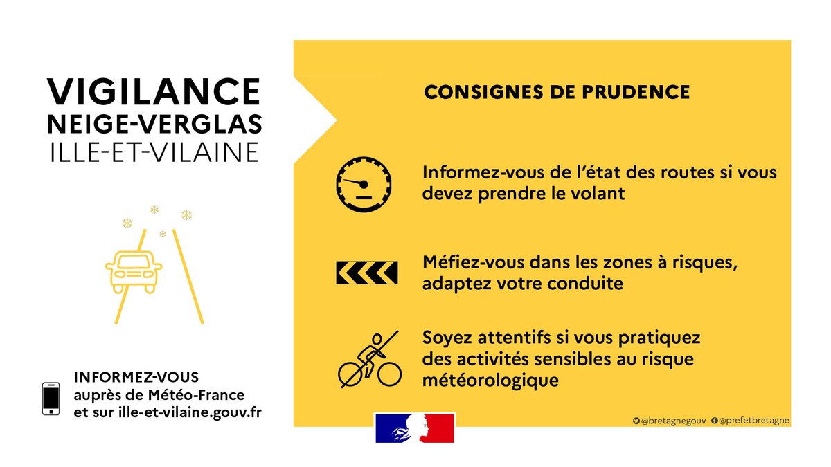 bretagnegouv's tweet image. #Météo | 🟡 Le département d'#IlleEtVilaine est placé en vigilance jaune neige-verglas jusqu’à 10h demain.

🚸 Les transports scolaires restent suspendus en Ille-et-Vilaine pour la journée de demain, 7 janvier 2026.

ℹ️ Plus d’informations sur breizhgo.bzh/alerte-neige-t…