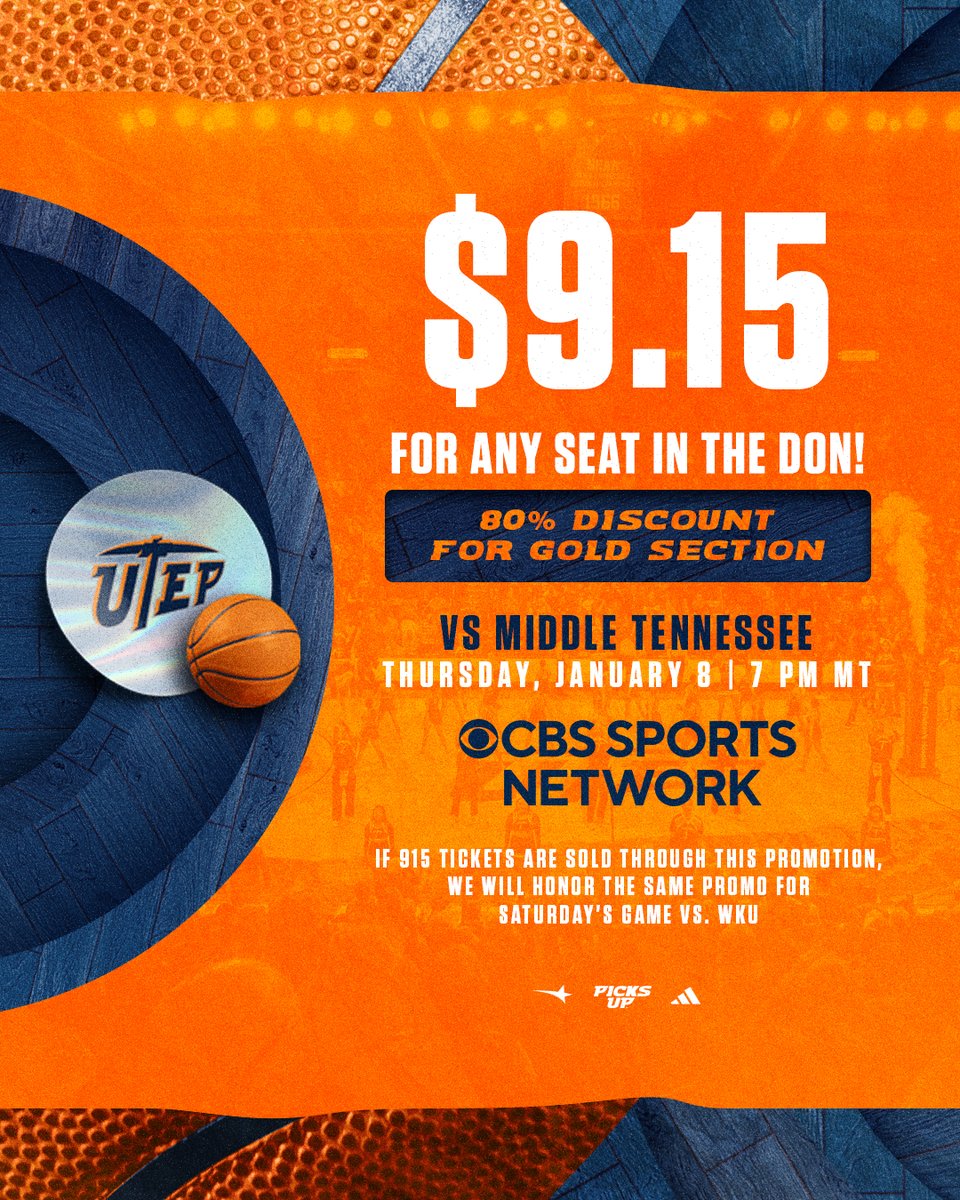 UTEPAthletics's tweet photo. 🚨 New deal alert 🚨

$9.15 for ANY seat in the Don for Men's Basketball this Thursday! If we sell 915 tickets, we'll do it again Saturday 😤

https://t.co/c1qpWvqA0o

#PicksUp https://t.co/OaQdQNwFNf