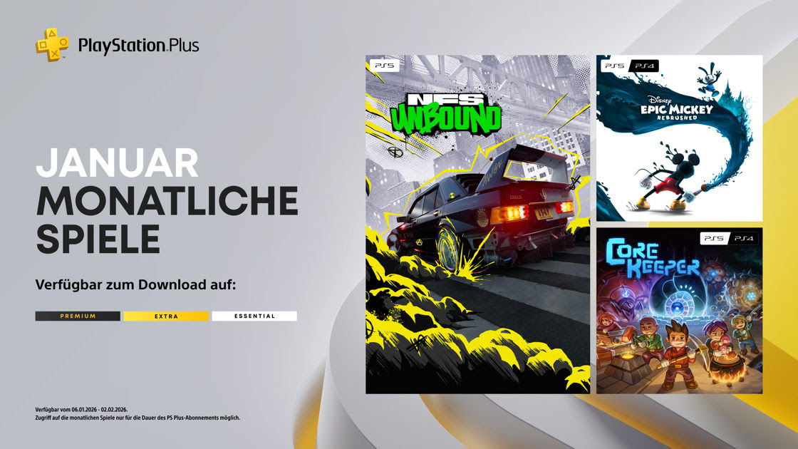 Für alle  PlayStation Plus-Mitglieder ab heute! Die folgende Spiele können bereits heruntergeladen werden:

▶️ Need for Speed Unbound (PS5) 
▶️ Disney Epic Mickey: Rebrushed (PS5 &amp; PS4)
▶️ Core Keeper (PS5 &amp; PS4)

Hier mehr:  ps.playstation.com/NoJjtEhhfs