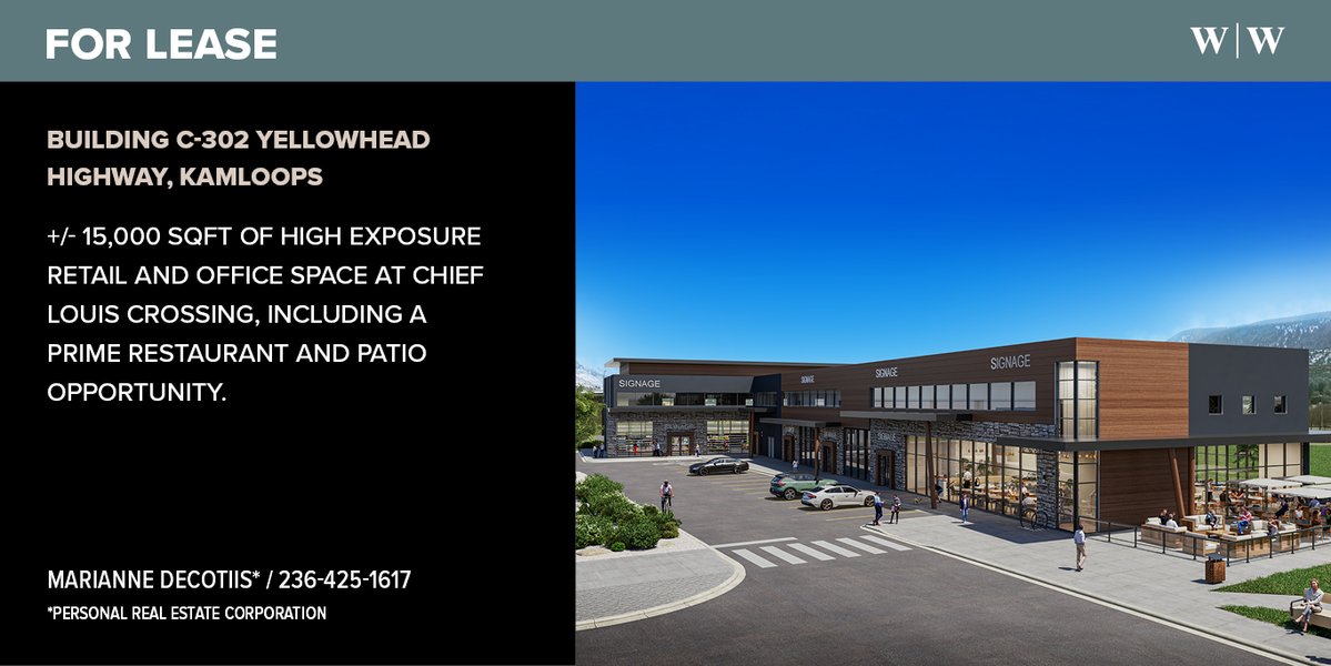 FOR LEASE: Building C 302 Yellowhead Hwy, Kamloops | Chief Louis Crossing is proudly owned &amp; operated by Tk̓emlúps te Secwépemc. Building C offers 8 retail units and 4 office spaces across two levels, including a prime restaurant and patio opportunity. 🔗 williamwright.ca/properties/bui…