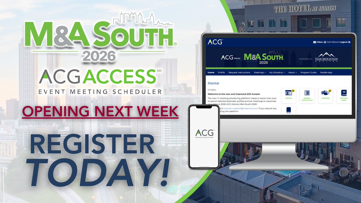 acgatlanta's tweet photo. ACG Access, the exclusive scheduling software for M&amp;A South 2026, opens next week for ALL registered attendees! Don't miss your change to schedule impactful meetings. Secure your spot, and register today: https://t.co/xKUqSH6W5I https://t.co/FbPZG1Us96