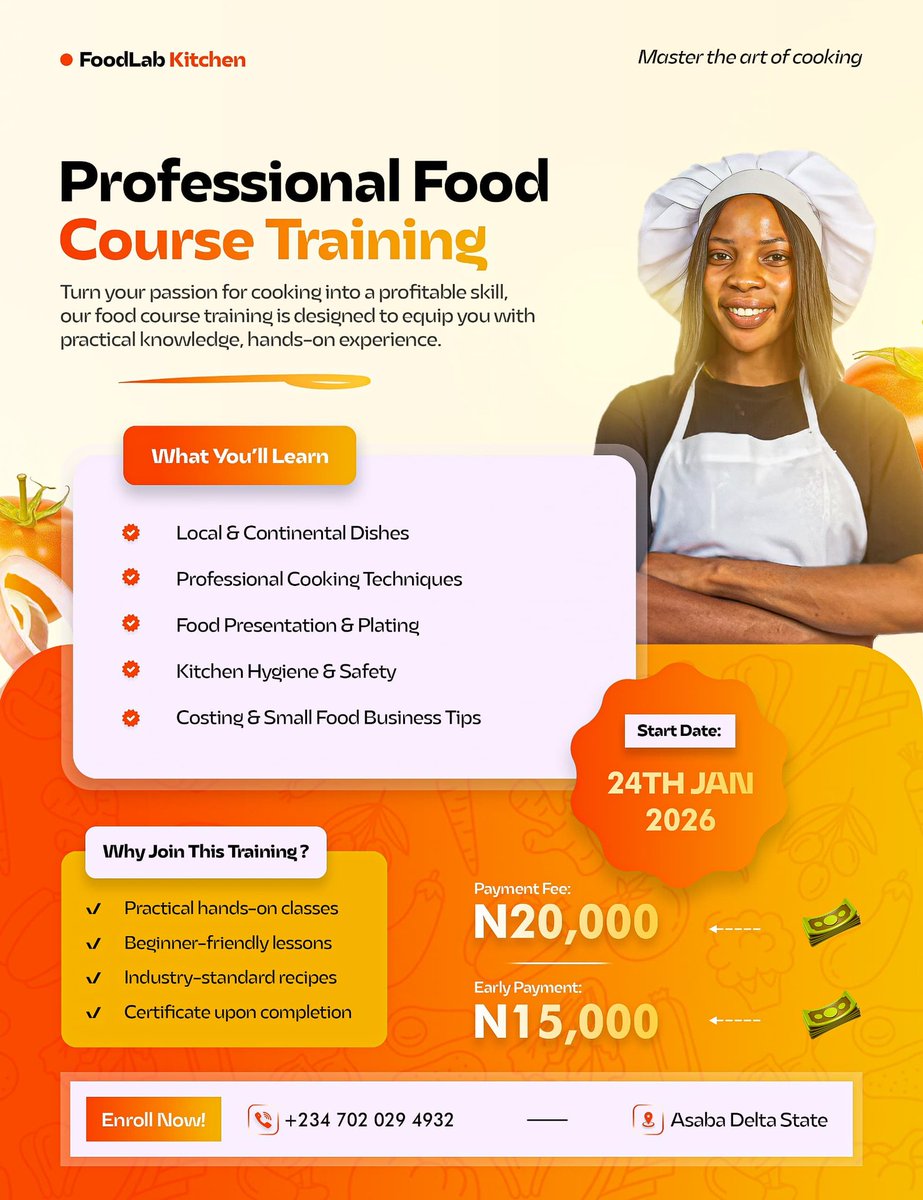 dan94120's tweet photo. FoodLab Kitchen✨
Professional Food Course Training
Turn your passion for cooking into a profitable skill
Send a DM 📩 for your brand design
#danielgraphics #graphicdesign #flyerdesign #flyer #food #foodlab #foodflyer #training #branding #socialmediaflyerdesign https://t.co/26mXibJr9s