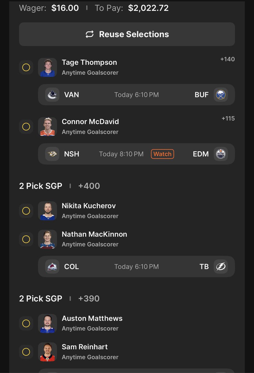 SuaveTheBishop's tweet photo. Straights set the board.
Parlays traps the queen. ♟️
#CheckmateTheBooks
#TageThompson
#ConnorMcDavid
#NikitaKucherov
#NathanMacKinnon
#AustonMatthews
#SamReinhart
#AnytimeGoal
#NHLBets
#SportsBettingX
#BettingX https://t.co/NQxsT83jr7