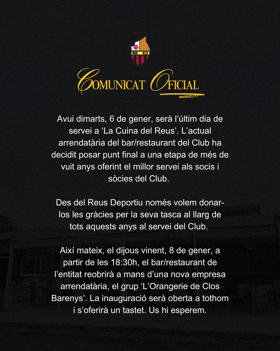 𝐂𝐨𝐦𝐮𝐧𝐢𝐜𝐚𝐭 𝐎𝐟𝐢𝐜𝐢𝐚𝐥 | Bar/Restaurant del Reus Deportiu ☕️
