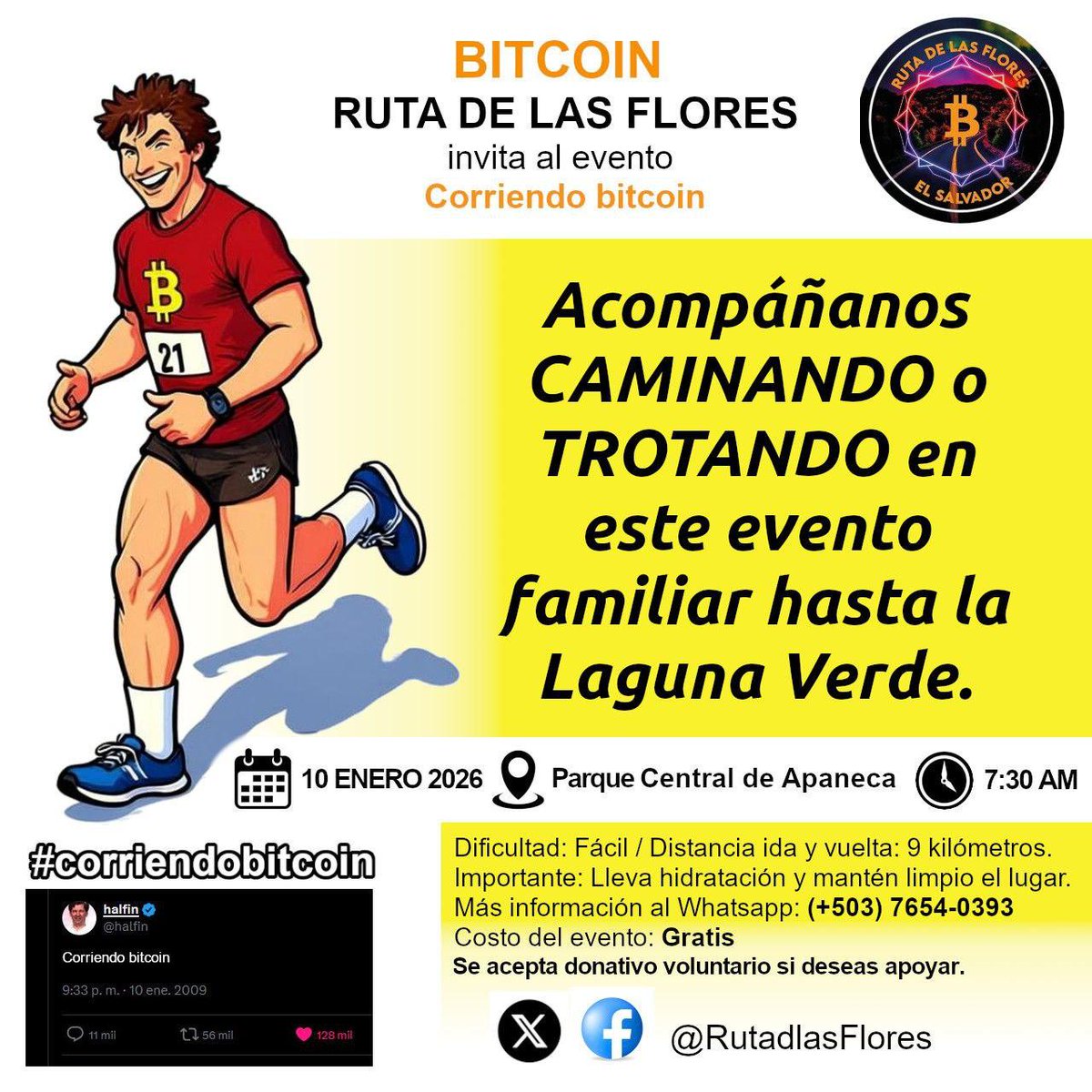 En homenaje al Tweet que Hal Finney compartió cuando empezó a correr un nodo de Bitcoin, hace exactamente 17 años, nuestros amigos de Bitcoin Ruta de las Flores (́<a href="/RutadlasFlores/">Bitcoin Ruta de las Flores El Salvador</a> ) nos están invitando a caminar o correr este sábado 10, en Apaneca😃.

¡Todos invitados!