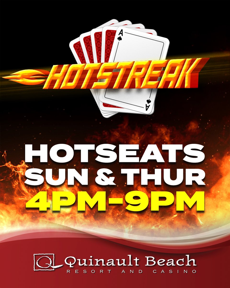 QBRC's tweet image. Make your way to QBRC and get on a hot streak, with our Hot Streak Hot Seats! One Hot Seat winner will be chosen every half hour to play a high/low card game and win up to $1,000 cash!

-Every Sunday &amp;amp; Thursday in January
-Drawings every 30 mins from 4PM-9PM