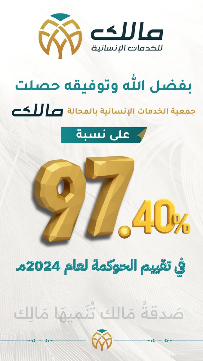 بفضل الله تعالى ثم بجهود العاملين والداعمين حققت الجمعية نسبة ٩٧.٤٠ في تقييم الحوكمة لعام ٢٠٢٤م ..
#الخدمات_الإنسانية #جمعية_مالك #القطاع_غير_الربحي #الحوكمة #عطاء_يتجدد