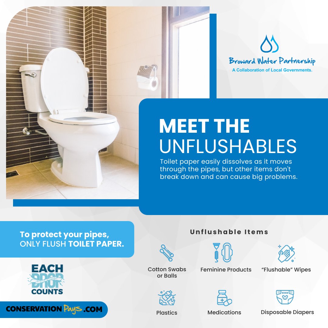 Meet the Unflushables

Cotton balls &amp; swabs, feminine products, “flushable” wipes, plastics, medications, and disposable diapers - none of these belong in your toilet. Only toilet tissue is truly flush-safe.

 Protect your plumbing and environment. 

conservationpays.com