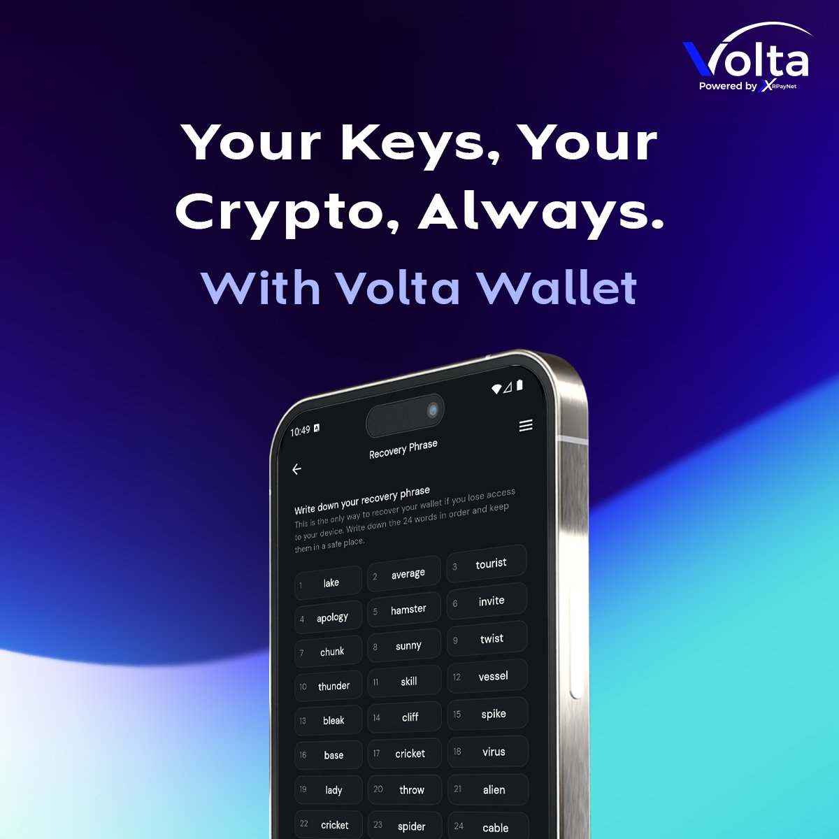 Your keys. Your crypto. Always. With Volta Wallet, you stay in full control  of your assets, no exchanges, no middlemen. Download Volta Wallet now, link  in bio.