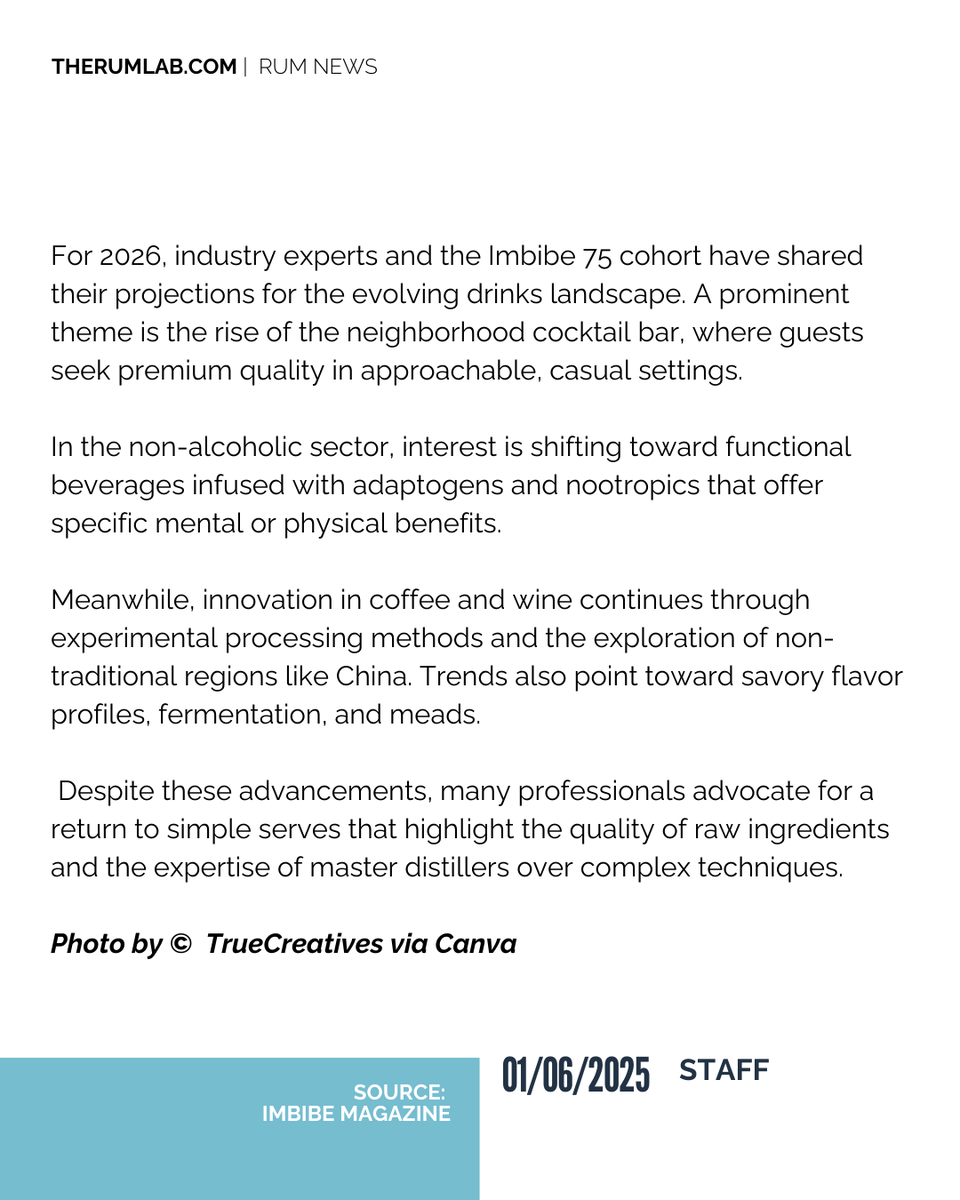 therumlab's tweet image. What’s the drink of 2026? 🍸

From functional NA beverages and savory cocktails to hyper-local ingredients, industry experts share their "hot takes" for the year ahead.

Read the full trend report! ➡️ therumlab.com/signup/

#TheRumLab #2026Trends #DrinkTrends