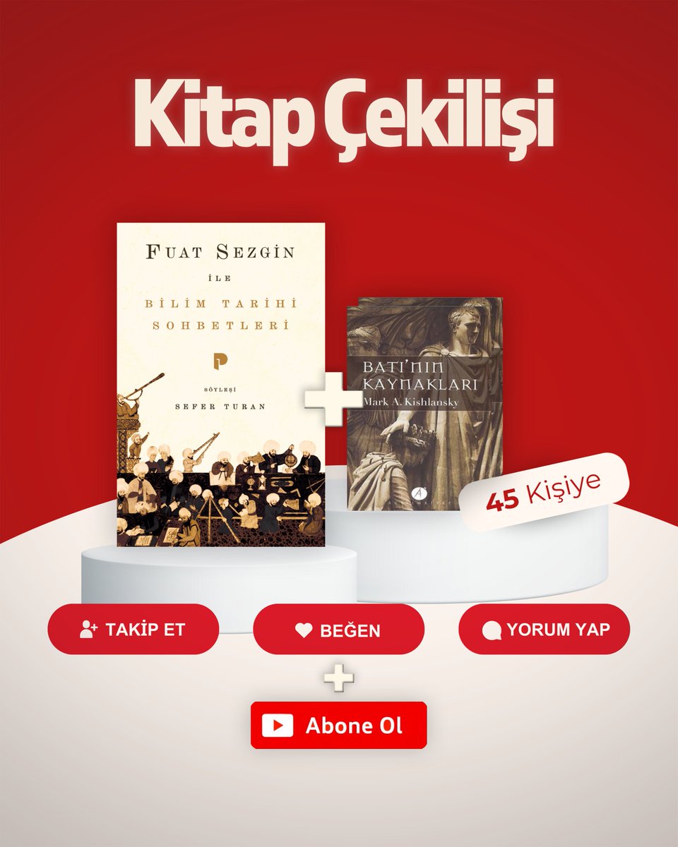PinarYayinlari's tweet image. 🎁 KİTAP ÇEKİLİŞİ!

📚 Fuat Sezgin ile Bilim Tarihi Sohbetleri
📚 Batı’nın Kaynakları (2 Cilt)

45. yıla özel 45 kişiye hediye ediyoruz!

Katılmak için:
📌 Takip Et
📌 Beğen
📌 Yorum yap
📌 Retweetle
ve  YouTube kanalımıza abone ol (youtube.com/@PınarYayınlar…)
⏰🍀📖