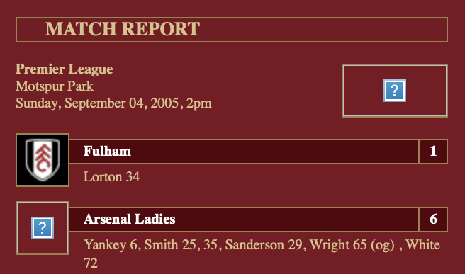 TheAWArchive's tweet photo. 4th September 2005
Premier League National Division
Fulham 1-6 Arsenal
Rachel Yankey (6)⚽️
Kelly Smith (25, 35)⚽️
Lianne Sanderson (29)⚽️
Justine Lorton (34)⚽️
Jessica Wright (OG) (65)⚽️
Faye White (72)⚽️
https://t.co/XilCkwKcq3