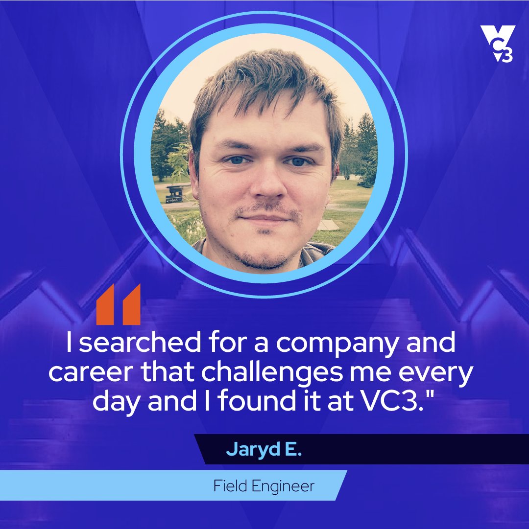 VC3Inc's tweet image. For Jaryd E., being a #FieldEngineer at VC3 means no two days are ever the same. The variety of work keeps him engaged and curious.

Read Jaryd’s story and find out how VC3 is a place where he can thrive &amp;gt; hubs.li/Q03Rtyv50

#WorkatVC3 #ITCareers #EmployeeSpotlight