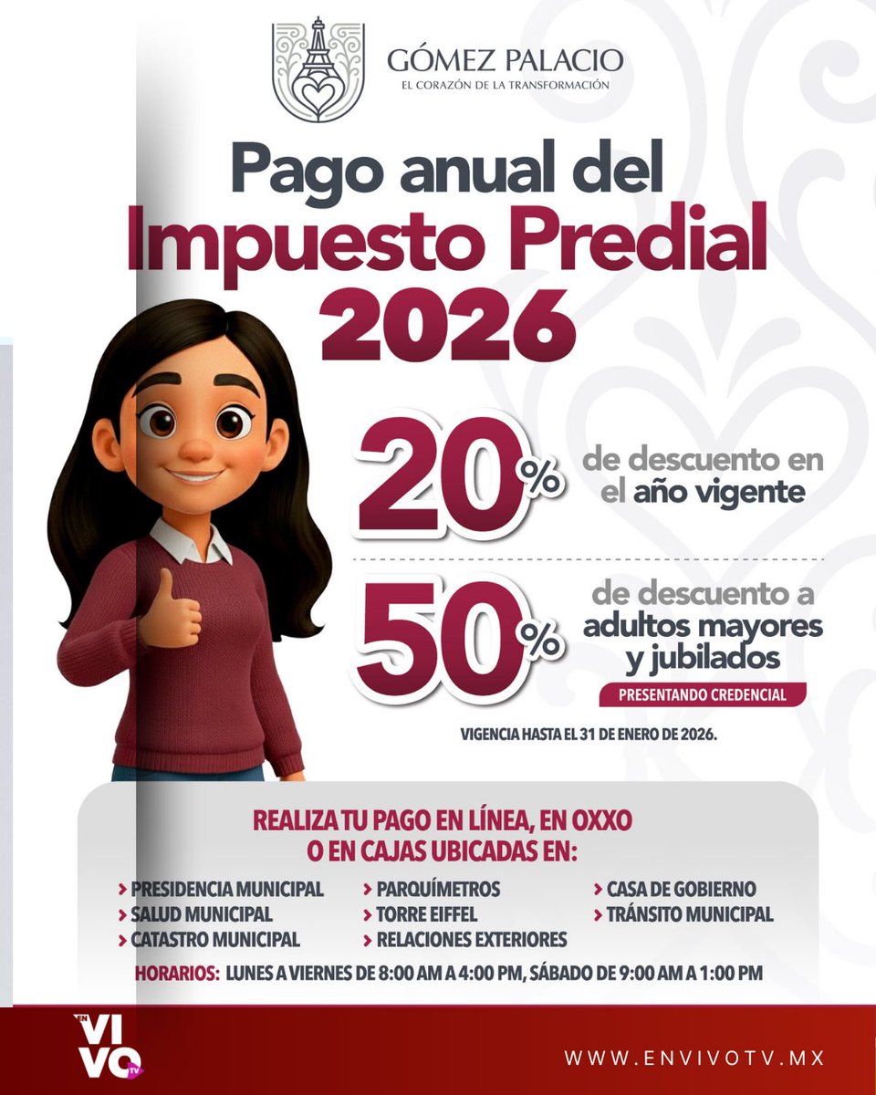 🏠💰 ¡Aprovecha los descuentos del Predial 2026 en Gómez Palacio! ✨

Cumple a tiempo y cuida tu economía 💳📆
👉 Paga antes del 31 de enero y obtén:
✅ 20% de descuento en general
✅ 50% de descuento para adultos mayores y jubilados 👵👴
<a href="/AyuntamientoGP/">Ayuntamiento de Gómez Palacio</a>