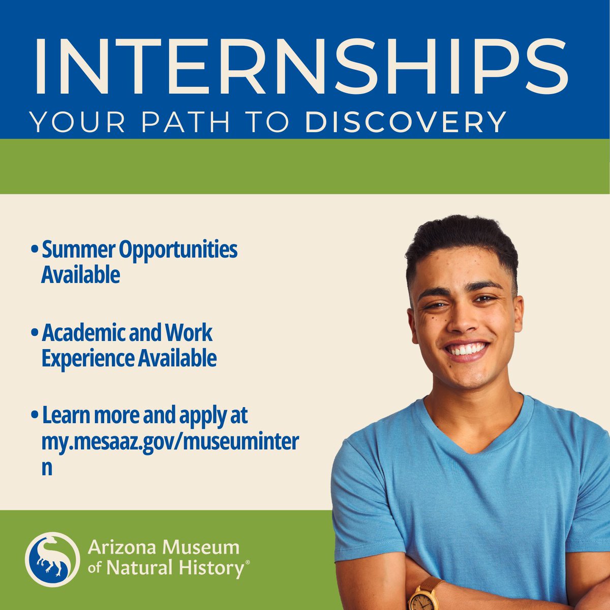 AZMNH's tweet image. Internship applications are now open! 
Step into an unforgettable summer with an AZMNH work experience internship. Learn alongside experts in anthropology, paleontology, education, and exhibitions while gaining hands-on, real-world experience. Build skills, make connections, and…