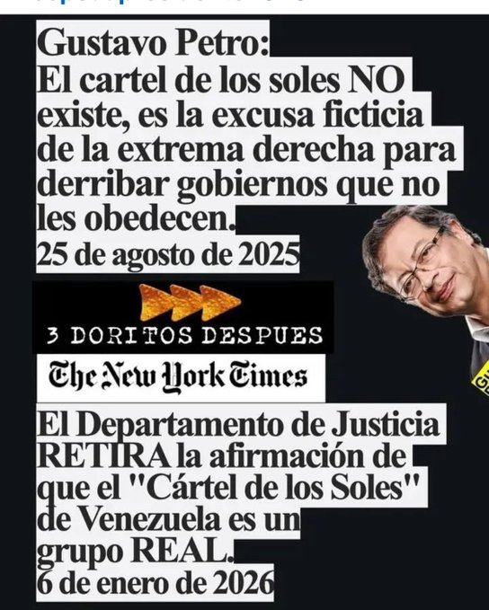 Jojotoweb's tweet photo. Gustavo Petro y la desestimación del Departamento de Justicia de NY sobre existencia del Cartel de Los Soles: Yo esto lo dije No hay evidencia alguna q exista un "Cartel de los soles", secuestraron a Maduro para quedarse con el petróleo de Venezuela, siguiendo su doctrina Monroe. https://t.co/tEzifv8e6X