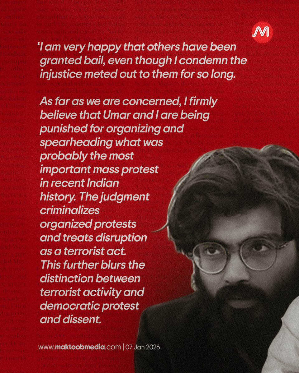 MaktoobMedia's tweet photo. “I am very happy that others have been granted bail, even though I condemn the injustice meted out to them for so long. 

As far as we are concerned, I firmly believe that Umar and I are being punished for organizing and spearheading what was probably the most important mass protest in recent Indian history. The judgment criminalizes organized protests and treats disruption as a terrorist act. This further blurs the distinction between terrorist activity and democratic protest and dissent.

On a personal note, my only concern is the physical and mental health of my elderly mother.

Apart from that, I remain optimistic about the case and that the truth will ultimately prevail. Inshallah, we will be successful.

Till then, I am pursuing my intellectual and academic journey to the extent I can.

Dil na-umeed to nahin naakam hi to hai,
lambi hai gham ki shaam magar shaam hi to hai.”

Sharjeel Imam

Source: Muzzammil Imam/Facebook
