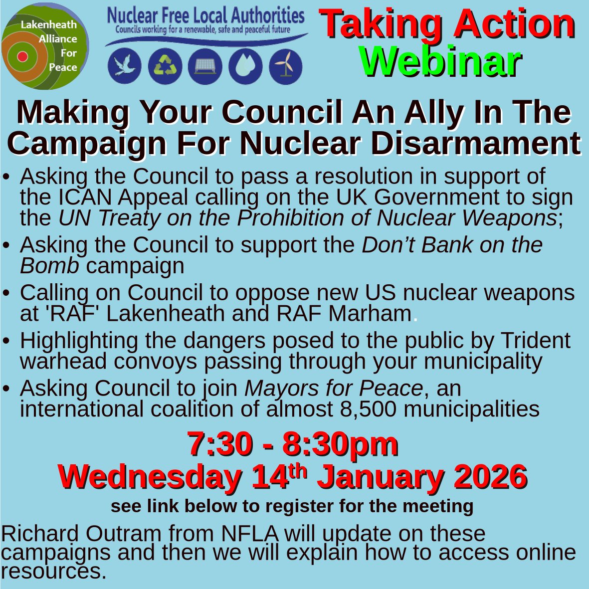 7:30 – 8:30pm, Wednesday 14th January 2026
For more information see: lakenheathallianceforpeace.org.uk/webinar-making…
#WelfareNotWarfare #RAFLakenheath #NoUSnukes #NuclearBan #NuclearWeapons #NoToNATO #XR #XRPeace #Peace #CloseBases