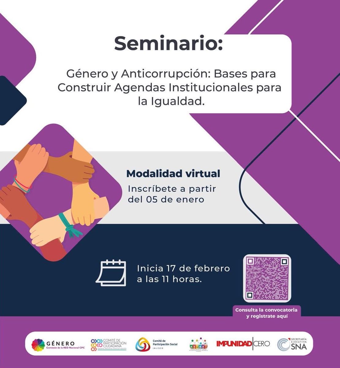 📢Te invitamos al Seminario "Género y Anticorrupción: Bases para Construir Agendas Institucionales para la Igualdad".

🗓️Inicia: 17/02/2025
💻Vía zoom
📚6 Módulos: sesiones quincenales. Martes 11 - 12 h

✍️Fecha límite para registrarse: 9/02/2025
👉 docs.google.com/forms/d/e/1FAI…