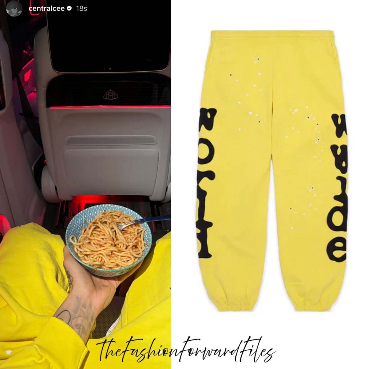 Central Cee wearing Sp5der SS23 beluga yellow sweatpants - #sp5der 