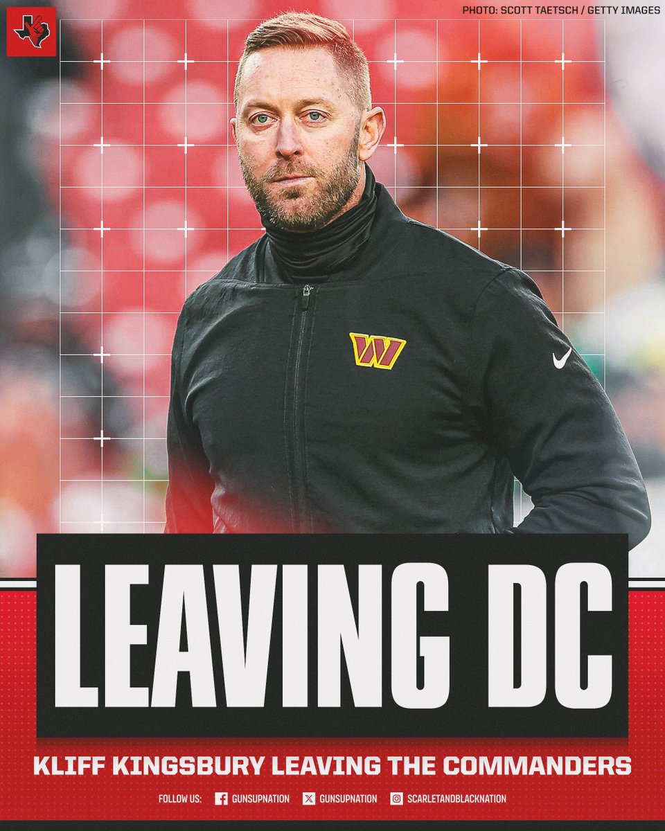 gunsupnation's tweet photo. 🏈 𝗡𝗘𝗪𝗦: Former Texas Tech QB and head coach Kliff Kingsbury is leaving the Washington Commanders to pursue other coaching opportunities. Best of luck, Kliff! https://t.co/RULQPt1i3x