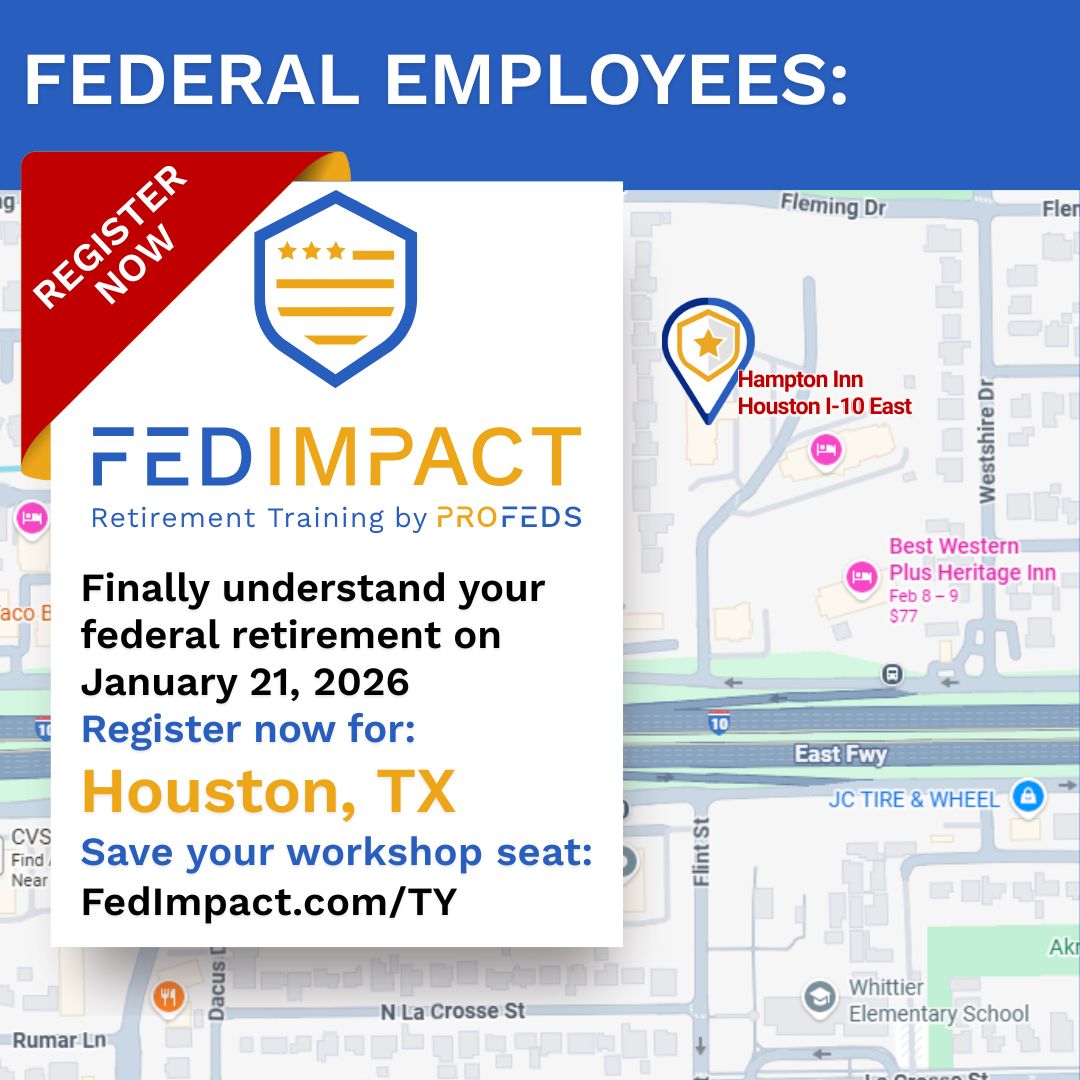 FedImpact's tweet image. Federal employees near Houston, TX—this one’s for you!

A few seats are still open for our upcoming FedImpact Retirement Workshop in Houston on Wednesday, January 21.

Whether retirement is right around the corner or still a few years away, this free workshop will help you:
•…
