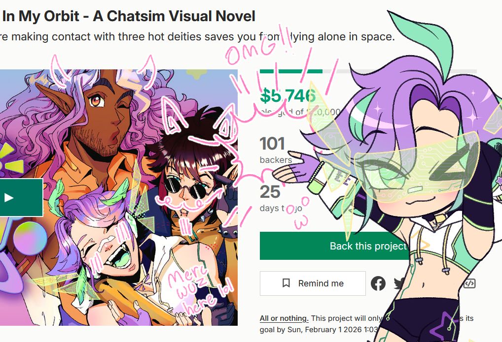 WOAH HOLY SHIT ???? WE HIT 100 (and 1) BACKERS ON OUR KICKSTARTER?! THANNK YOU SO MUCH🥺🥺🥺🥺 We still have some ways to go but we're so grateful for the response we've gotten so far!!!! 

If you also wanna help out theres also a link in our pinned! aaaaaaaa