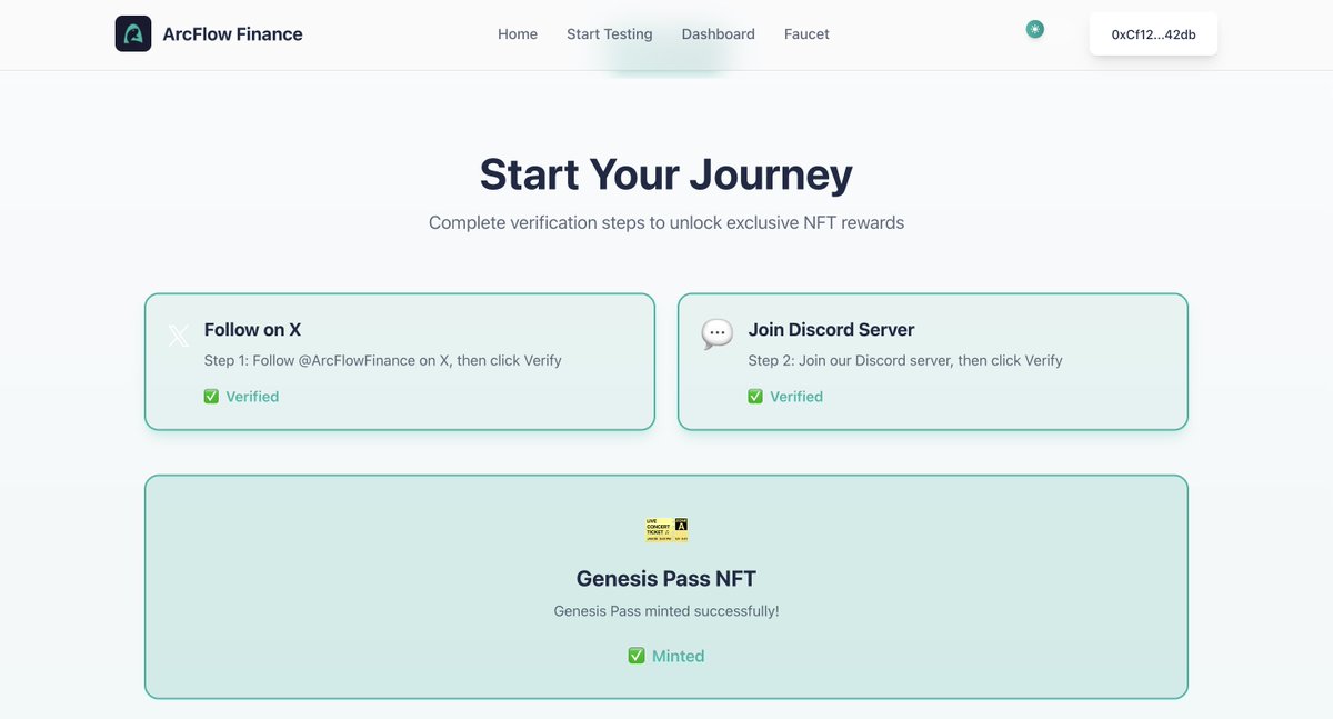interacting with <a href="/arc/">Arc</a> ecosystem - day 1

» claim faucet here: faucet.circle.com
» go to: arcflow.finance
» follow x and verify
» join discord channel and verify
» mint genesis pass
» complete first task which is making a post about 
@ArcFlowFinance
 and submit the