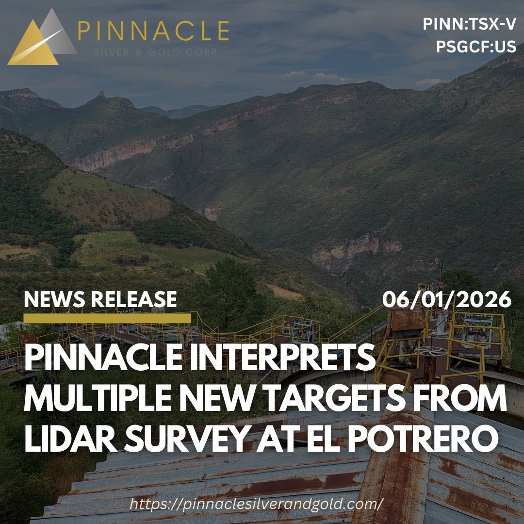 Pinnacle is pleased to announce that the airborne LiDAR survey recently flown over the high-grade El Potrero project has confirmed known structural trends, outlined previously unknown structures, and identified a total of 64 adits, 6 shafts and 51 prospecting pits on the two