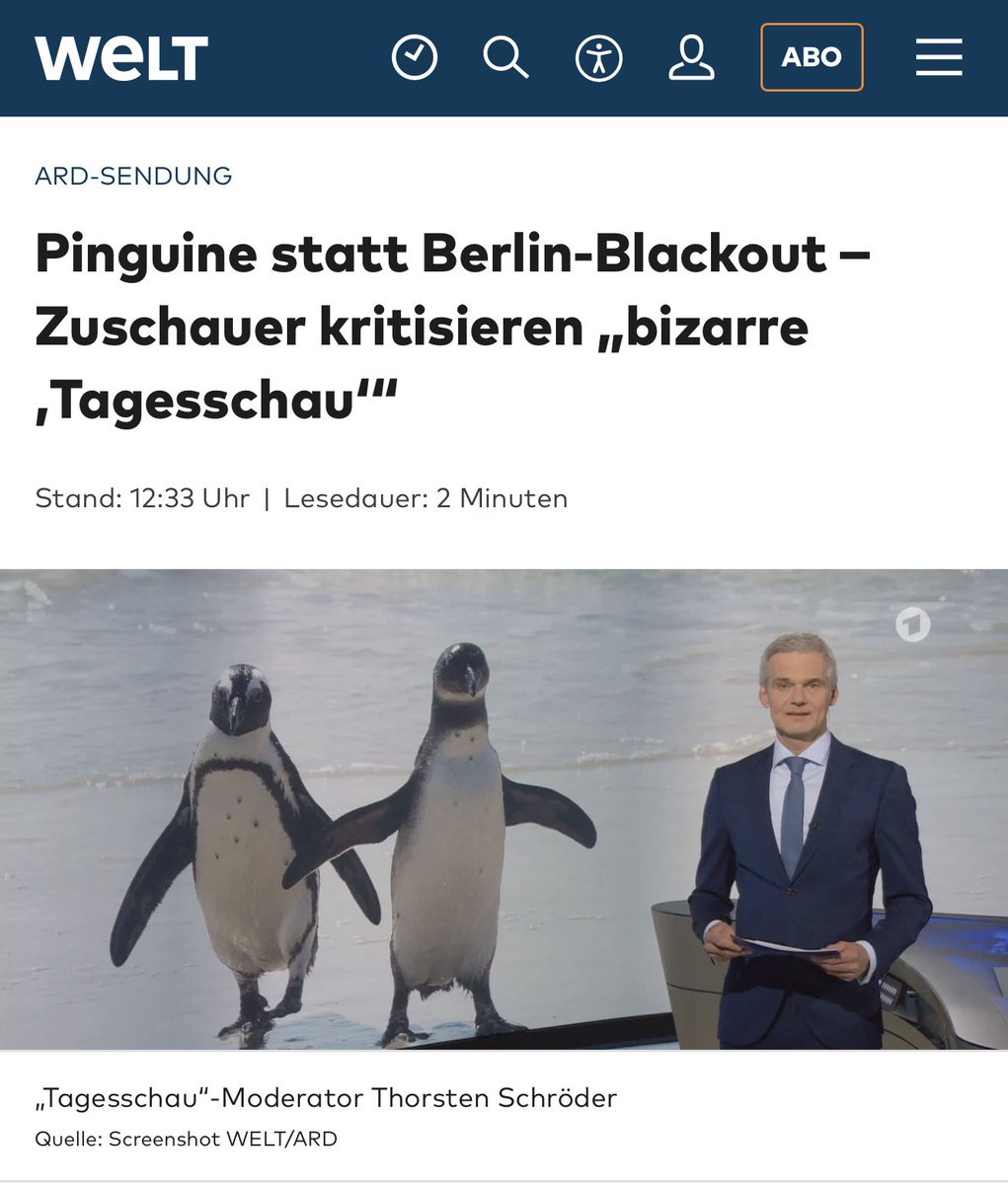 Pinguine statt Terrorismus❗️

Die Tagesschau berichtet 2 Minuten über Brillenpinguine in Südafrika.

Nur 29 Sekunden widmet sie dem linksextremistischen Terroranschlag in Berlin, bei dem ca. 90.000 Menschen bei bitterer Kälte vom Strom abgeschnitten sind.

Max Liebermann: „Man