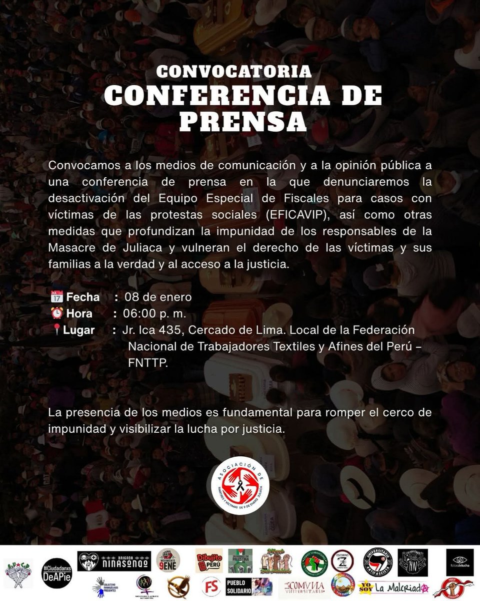 Convocamos a los medios de comunicación y a la opinión pública a una conferencia de prensa en la que denunciaremos la desactivación del Equipo Especial de Fiscales para casos con víctimas de las protestas sociales (EFICAVIP).